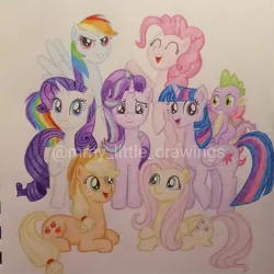 Size: 1024x1024 | Tagged: safe, artist:mmy_little_drawings, derpibooru import, applejack, fluttershy, pinkie pie, rainbow dash, rarity, spike, starlight glimmer, twilight sparkle, twilight sparkle (alicorn), alicorn, earth pony, pegasus, pony, unicorn, eyelashes, female, hat, horn, image, jpeg, lying down, mane seven, mane six, mane six opening poses, mare, obtrusive watermark, prone, raised hoof, smiling, traditional art, watermark, wings