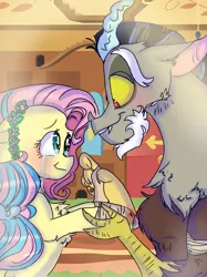 Size: 899x1200 | Tagged: safe, artist:cocolove2176, derpibooru import, discord, fluttershy, draconequus, pegasus, pony, blushing, bust, discoshy, eyelashes, female, holding hands, image, indoors, looking at each other, male, mare, png, shipping, smiling, straight