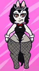 Size: 524x954 | Tagged: suggestive, artist:lazerblues, derpibooru import, oc, oc:salai, satyr, animal costume, boob window, bowtie, bunny costume, bunny ears, bunny suit, clothes, costume, crown, fishnets, image, jewelry, offspring, parent:king sombra, png, regalia, shortstack, underwear