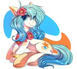 Size: 5624x5045 | Tagged: safe, artist:ask-colorsound, derpibooru import, oc, oc:seascape, unofficial characters only, earth pony, pony, bracelet, cute, female, image, jewelry, lei, looking at you, png, simple background, sitting, smiling, smiling at you, solo, solo female, underhoof