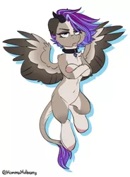 Size: 1216x1652 | Tagged: safe, artist:mulberrytarthorse, derpibooru import, oc, oc:ouija, belly, collar, flying, folded forelegs, freckles, grumpy, horns, image, piercing, png