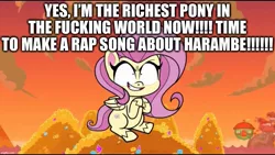 Size: 1136x640 | Tagged: safe, derpibooru import, edit, edited screencap, screencap, fluttershy, unicorn, my little pony: pony life, caption, elon musk, evil grin, grin, harambe, image, image macro, jpeg, money, rap, rich, smiling, text, vulgar, wealthy