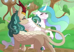 Size: 1280x897 | Tagged: safe, artist:primrosepaper, derpibooru import, princess celestia, rain shine, alicorn, kirin, blushing, flirting, image, jpeg, shipping denied, tail