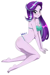 Size: 2733x4085 | Tagged: suggestive, artist:danmakuman, derpibooru import, starlight glimmer, equestria girls, adorasexy, barefoot, blushing, breasts, busty starlight glimmer, cleavage, cute, feet, female, glimmerbetes, image, legs, png, sexy, signature, simple background, solo, solo female, transparent background
