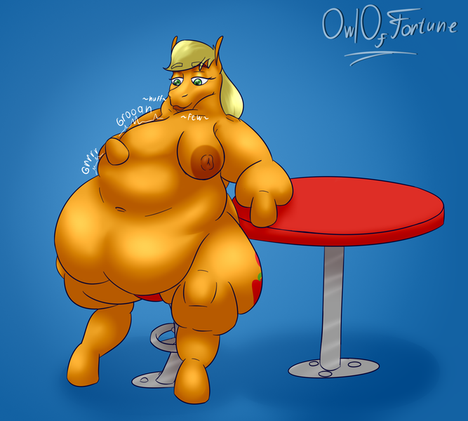 Size: 2000x1800 | Tagged: questionable, artist:owloffortune, derpibooru import, applejack, anthro, earth pony, unguligrade anthro, areola, belly, belly button, big belly, breasts, dark areola, fat, female, huge belly, image, impossibly large belly, large belly, lips, morbidly obese, nipples, nudity, obese, png, sitting, stomach noise