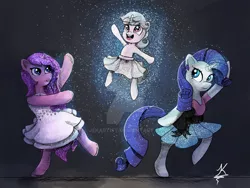 Size: 1280x960 | Tagged: safe, artist:jekartist, derpibooru import, rarity, oc, oc:etoile assolutadonna, oc:tutu twinkletoes, unicorn, ballerina, ballerinas, ballet, bow, clothes, crossdressing, dancing, ear piercing, earring, female, femboy, floating, gemstones, horn, image, jewelry, jpeg, magic, male, mother and child, on one leg, one arm raised, open smile, parent:oc:tutu twinkletoes, parent:rarity, piercing, ribbon, smiling, sparkles, tutu, tutus, unicorn oc, unicorn ocs