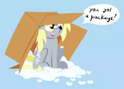 Size: 2800x2000 | Tagged: safe, artist:skookz, derpibooru import, derpy hooves, pegasus, pony, box, cardboard box, cute, female, happy, image, mare, packing peanuts, png, simple background, sitting, solo, speech bubble, text