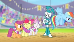 Size: 1280x720 | Tagged: safe, artist:rockint765, derpibooru import, edit, edited screencap, screencap, apple bloom, rainbow dash, scootaloo, sweetie belle, cutie mark crusaders, frustrated, image, jenny wakeman, looking down, my life as a teenage robot, not impressed, png, unimpressed