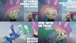 Size: 1280x720 | Tagged: safe, derpibooru import, edit, edited screencap, editor:quoterific, screencap, fluttershy, pinkie pie, sunset shimmer, trixie, equestria girls, equestria girls series, holidays unwrapped, spoiler:eqg series (season 2), eyes closed, female, hat, image, jpeg, looking up, saving pinkie's pie, snow