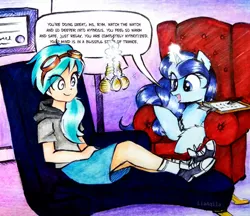 Size: 961x832 | Tagged: safe, artist:liaaqila, derpibooru import, oc, oc:rym, oc:spiral swirl, pony, unicorn, equestria girls, chair, clipboard, clothes, commission, content, happy, hoodie, hypnosis, hypnotherapy, hypnotized, image, jpeg, magic, my little pony, pocket watch, skirt, speech bubble, swirly eyes