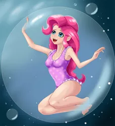 Size: 2077x2279 | Tagged: safe, artist:scs-g3-n17, derpibooru import, pinkie pie, equestria girls, barefoot, bubble, clothes, feet, female, human coloration, image, in bubble, jpeg, one-piece swimsuit, solo, swimsuit