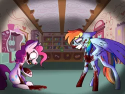Size: 4000x3000 | Tagged: grimdark, artist:rankiedashlight, derpibooru import, pinkie pie, rainbow dash, earth pony, pegasus, pony, fanfic:rocket to insanity, blood, coughing up blood, crazy grin, crying, duo, fanfic art, floppy ears, image, imminent death, jpeg, knife, stabbed, sugarcube corner