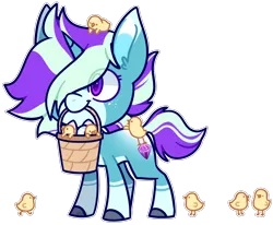 Size: 2104x1736 | Tagged: safe, artist:jetjetj, derpibooru import, oc, oc:shimmer stone, pony, unicorn, basket, chibi, chick, easter egg, female, image, mare, mouth hold, png, simple background, solo, transparent background