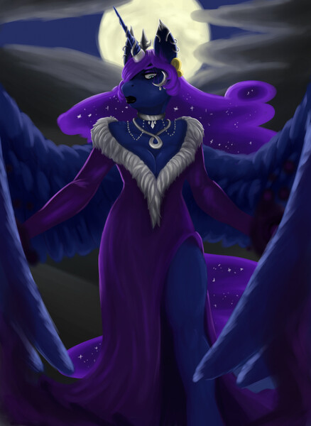 Size: 934x1280 | Tagged: safe, artist:blandy, derpibooru import, nightmare moon, alicorn, anthro, unguligrade anthro, breasts, busty nightmare moon, clothes, digital art, dress, female, horn, image, jewelry, jpeg, moon, necklace, night, solo, solo female, spread wings, wings