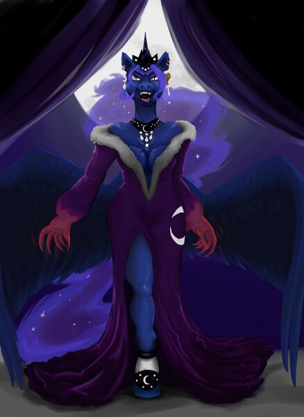 Size: 934x1280 | Tagged: safe, artist:blandy, derpibooru import, nightmare moon, alicorn, anthro, unguligrade anthro, breasts, busty nightmare moon, claws, clothes, digital art, dress, fangs, female, horn, image, jewelry, jpeg, looking at you, moon, necklace, night, open mouth, solo, solo female, spread wings, wings