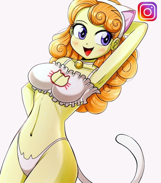 Size: 900x1020 | Tagged: suggestive, artist:the-butch-x, derpibooru import, orange sherbette, equestria girls, arm behind head, armpits, bell, belly button, blushing, boob window, bra, breasts, busty orange sherbette, cat bell, cat keyhole bra set, cat lingerie, cleavage, clothes, cute, female, image, instagram, jpeg, lingerie, open mouth, panties, smiling, solo, solo female, underwear