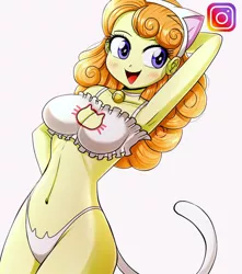 Size: 900x1020 | Tagged: suggestive, artist:the-butch-x, derpibooru import, orange sherbette, equestria girls, arm behind head, armpits, bell, belly button, blushing, boob window, bra, breasts, busty orange sherbette, cat bell, cat keyhole bra set, cat lingerie, cleavage, clothes, cute, female, image, instagram, jpeg, lingerie, open mouth, panties, smiling, solo, solo female, underwear