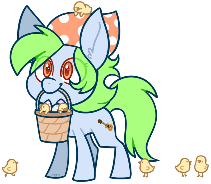 Size: 2004x1749 | Tagged: safe, artist:jetjetj, derpibooru import, oc, oc:folky polk, pony, basket, chibi, chick, easter egg, female, image, mare, mouth hold, png, simple background, solo, transparent background