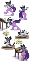 Size: 3500x6909 | Tagged: safe, artist:virmir, derpibooru import, twilight sparkle, oc, oc:virmir, fox, comic:wake up, desk, dialogue, drawing tablet, furry, furry oc, image, png, stool, tablet pen, transformation, transformation sequence