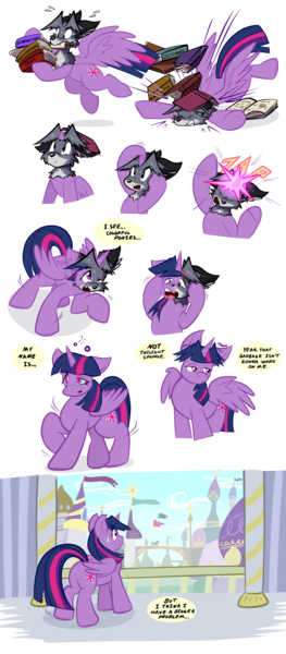 Size: 3500x8000 | Tagged: safe, artist:virmir, derpibooru import, twilight sparkle, oc, oc:virmir, fox, comic:wake up, book, canterlot, dialogue, furry, furry oc, image, png, transformation, transformation sequence