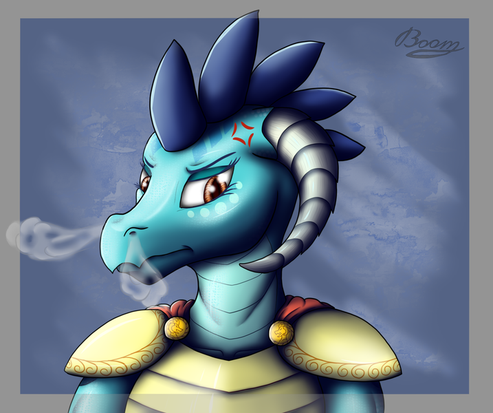 Size: 1570x1314 | Tagged: safe, artist:bomzzzik, derpibooru import, princess ember, anthro, dragon, angry, annoyed, armor, bust, digital art, dragoness, dragon lord ember, emotions, female, image, png, portrait, smoke, solo, solo female