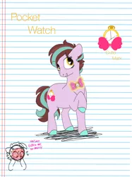 Size: 1280x1707 | Tagged: safe, artist:doodletheexpoodle, derpibooru import, oc, oc:pocket watch, unofficial characters only, pony, unicorn, bowtie, female, image, jpeg, lined paper, mare, offspring, parent:doctor whooves, parent:starlight glimmer, parents:starwhooves, solo