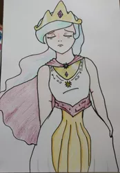 Size: 1427x2048 | Tagged: safe, artist:wrath-marionphauna, derpibooru import, princess celestia, human, cape, clothes, crown, humanized, image, jewelry, jpeg, regalia, solo, traditional art