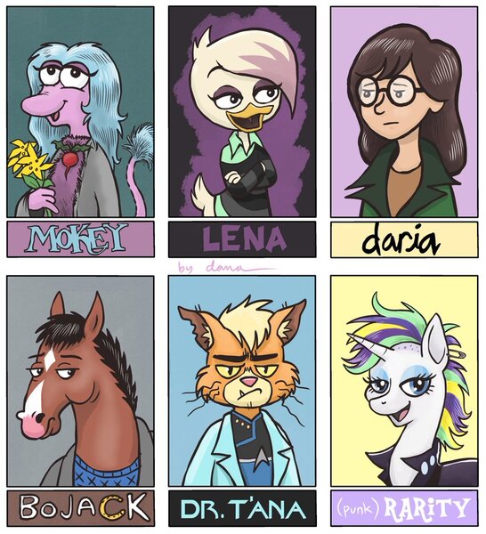 Size: 819x900 | Tagged: safe, artist:pedantia, derpibooru import, rarity, six fanarts, alternate hairstyle, bojack horseman, daria, duck tales 2017, fraggle rock, image, jpeg, punk, raripunk, star trek: lower decks