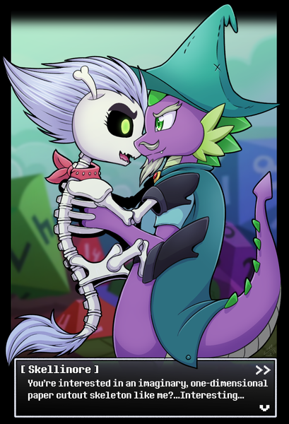 Size: 1016x1491 | Tagged: safe, artist:vavacung, derpibooru import, skellinore, spike, dragon, skeleton pony, the break up breakdown, bone, female, image, male, png, skeleton