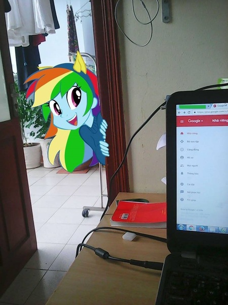 Size: 720x960 | Tagged: safe, derpibooru import, edit, rainbow dash, equestria girls, computer, female, google+, image, irl, jpeg, laptop computer, looking at you, photo, vietnam, wondercolts