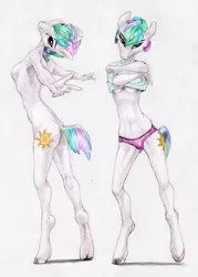 Size: 3053x4263 | Tagged: suggestive, artist:joestick, derpibooru import, editor:vedont, princess celestia, anthro, unguligrade anthro, alternate hairstyle, breasts, clothes, colored, high res, image, jpeg, nudity, panties, short hair, short tail, solo, underwear