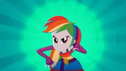 Size: 3410x1920 | Tagged: safe, derpibooru import, screencap, rainbow dash, eqg summertime shorts, equestria girls, raise this roof, angry, belt, breakdancing, clothes, cutie mark, cutie mark on clothes, dancing, fall formal outfits, female, fingerless gloves, gloves, image, intense, jpeg, looking at you, sleeveless, solo