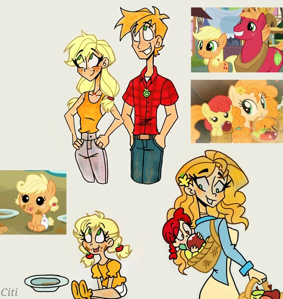 Size: 2472x2617 | Tagged: safe, artist:citi, derpibooru import, screencap, apple bloom, applejack, big macintosh, pear butter, human, apple family reunion, going to seed, where the apple lies, baby, baby apple bloom, cutie mark accessory, humanized, image, jpeg, scene interpretation, screencap reference, teenage applejack, teenage big macintosh, teenager, younger