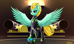 Size: 3850x2320 | Tagged: safe, artist:singovih, derpibooru import, lightning dust, pegasus, pony, the washouts (episode), alternate clothes, cannon, clothes, female, fire, gun, helmet, image, looking at you, mare, png, raised leg, solo, spread wings, the washouts, uniform, washouts uniform, weapon, wings