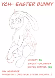 Size: 2480x3508 | Tagged: safe, artist:ardilya, derpibooru import, alicorn, earth pony, pegasus, pony, unicorn, animal costume, bunny costume, clothes, commission, costume, digital art, image, jpeg, overalls, sketch, solo, ych sketch, your character here