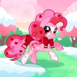 Size: 950x950 | Tagged: safe, artist:celebrationcastle, derpibooru import, pinkie pie, earth pony, pony, alternate design, bow, female, holiday, image, jpeg, mare, solo, tail bow, valentine's day