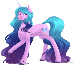 Size: 1280x1133 | Tagged: safe, artist:sunriseauburn, derpibooru import, izzy moonbow, pony, unicorn, bracelet, female, g5, image, jewelry, looking at you, mare, open mouth, png, raised hoof, simple background, solo, text, transparent background, unshorn fetlocks, watermark