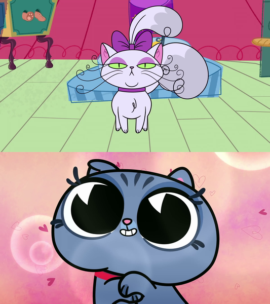 Size: 1280x1440 | Tagged: safe, derpibooru import, edit, screencap, bubbles (cat), opalescence, cat, cute-pocalypse meow, disappearing act, my little pony: pony life, spoiler:pony life s01e03, spoiler:pony life s01e09, adorable face, bean mouth, bubblescence, bubbles cherub mcsquee, crack shipping, cute, female, image, male, pacman eyes, png, shipping, shipping domino, straight