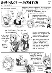 Size: 2200x3072 | Tagged: safe, artist:chopsticks, derpibooru import, fancypants, fleur-de-lis, vinyl scratch, pony, unicorn, comic:romance from scratch, alternate hairstyle, bathroom, blushing, cheek fluff, chest fluff, clothes, comic, cute, descriptive noise, dialogue, dress, ear fluff, female, image, magic, male, mare, monochrome, necktie, nodding, png, shipping, sink, socks, stairs, stallion, straight, telekinesis, text, unshorn fetlocks, vinylbetes