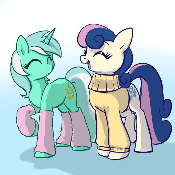 Size: 2048x2048 | Tagged: safe, artist:pfeffaroo, derpibooru import, bon bon, lyra heartstrings, sweetie drops, earth pony, pony, unicorn, clothes, cute, eyes closed, female, gradient background, happy, image, jpeg, leg warmers, lesbian, lyrabon, raised hoof, shipping, smiling, sweater