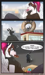 Size: 720x1200 | Tagged: safe, artist:sunny way, derpibooru import, oc, oc:lin'el feltesis, oc:sunny way, unofficial characters only, anthro, horse, ki'rinaes, original species, pegasus, art, artwork, comic, comic page, digital art, donut, duo, eating, female, food, furry, image, iron man 2, lol, parody, png, relaxing, sunrise, tired as fuck, town, wings