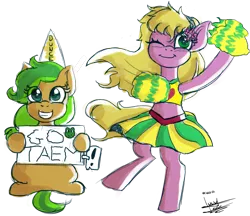 Size: 5253x4537 | Tagged: safe, artist:scarlett-letter, derpibooru import, oc, oc:muddy, oc:twisted ankle, unofficial characters only, earth pony, pony, cheerleader, cheerleader outfit, clothes, cute, dunce hat, hat, image, png, pom pom, sign, sketch