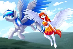 Size: 1254x849 | Tagged: safe, artist:scarlet-spectrum, derpibooru import, oc, oc:diamond sun, oc:hawker hurricane, anthro, pegasus, pony, unguligrade anthro, series:pet hawk, anthro with ponies, bikini, clothes, commission, female, flying, hawkmond, image, male, midriff, png, sarong, stallion, swimsuit