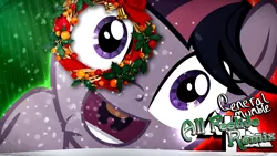 Size: 1280x720 | Tagged: safe, artist:poowis, derpibooru import, twilight sparkle, pony, unicorn, lesson zero, a clockwork orange, christmas, christmas wreath, clock, cover art, holiday, image, inverted mouth, png, smiling, snow, snowflake, twilight snapple, unicorn twilight, wreath