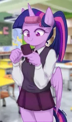 Size: 602x1024 | Tagged: safe, artist:maren, derpibooru import, twilight sparkle, alicorn, anthro, chair, chalkboard, classroom, clothes, cute, desk, focus, highschool, image, jpeg, mobile phone, necktie, phone, school, schoolgirl, school uniform, skirt, smartphone, solo, twiabetes, twilight sparkle (alicorn), zettai ryouiki