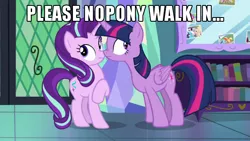 Size: 600x338 | Tagged: safe, derpibooru import, edit, edited screencap, screencap, apple bloom, applejack, fluttershy, pinkie pie, rainbow dash, rarity, scootaloo, snails, snips, spike, starlight glimmer, sweetie belle, twilight sparkle, twilight sparkle (alicorn), alicorn, dragon, earth pony, pegasus, pony, unicorn, fame and misfortune, awkward, boop, caption, context is for the weak, duo, female, filly, image, image macro, implied lesbian, implied shipping, implied twistarlight, mare, meme, nose wrinkle, noseboop, png, text