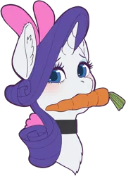 Size: 1313x1837 | Tagged: safe, artist:taytinabelle, derpibooru import, rarity, pony, unicorn, animal costume, bunny costume, bunny ears, bust, carrot, choker, clothes, collar, costume, derpibooru exclusive, ear fluff, female, food, image, looking at you, mare, mouth hold, png, simple background, solo, transparent background