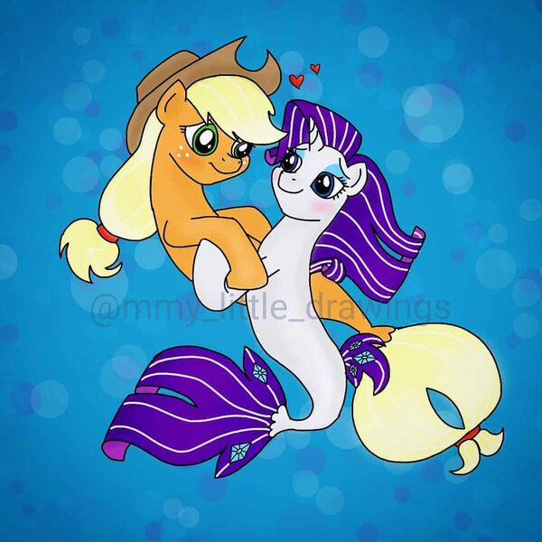 Size: 1080x1080 | Tagged: safe, artist:mmy_little_drawings, derpibooru import, applejack, rarity, seapony (g4), blushing, eyelashes, female, freckles, hat, image, jpeg, lesbian, looking at each other, rarijack, seaponified, shipping, smiling, species swap, underwater, watermark