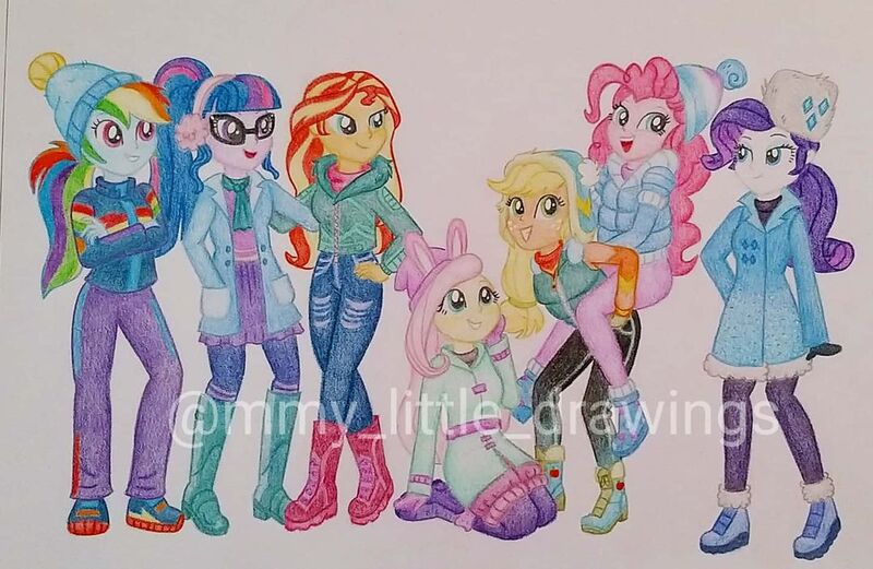 Size: 1080x703 | Tagged: safe, artist:mmy_little_drawings, derpibooru import, applejack, fluttershy, pinkie pie, rainbow dash, rarity, sci-twi, sunset shimmer, twilight sparkle, equestria girls, beanie, boots, clothes, cltohes, crossed arms, earmuffs, female, glasses, hat, humane five, humane seven, humane six, image, jpeg, kneeling, obtrusive watermark, open mouth, piggyback ride, shoes, smiling, traditional art, watermark, winter outfit