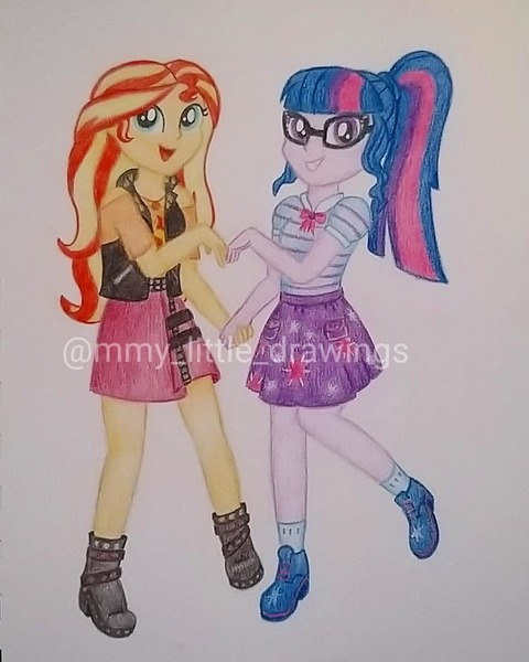 Size: 996x1245 | Tagged: safe, artist:mmy_little_drawings, derpibooru import, sci-twi, twilight sparkle, equestria girls, :d, clothes, cutie mark, cutie mark on clothes, female, glasses, grin, heart hands, image, jpeg, open mouth, scitwilicorn, shoes, skirt, smiling, traditional art, watermark